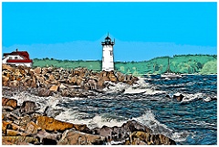 Portsmouth Light Guides Ship From Rocky Shore -Digital Painting